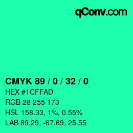 カラーコード: CMYK 89 / 0 / 32 / 0 | qconv.com