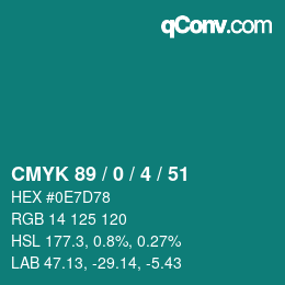 颜色代码: CMYK 89 / 0 / 4 / 51 | qconv.com