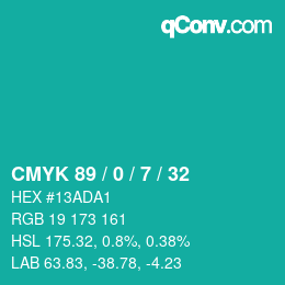 カラーコード: CMYK 89 / 0 / 7 / 32 | qconv.com