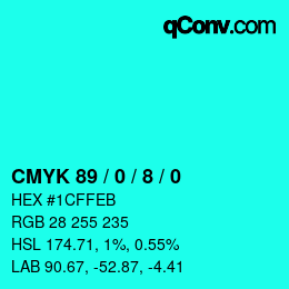 カラーコード: CMYK 89 / 0 / 8 / 0 | qconv.com
