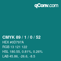 カラーコード: CMYK 89 / 1 / 0 / 52 | qconv.com