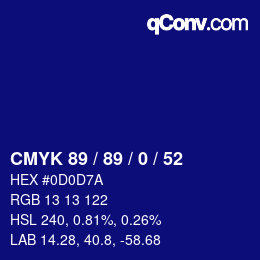 Color code: CMYK 89 / 89 / 0 / 52 | qconv.com