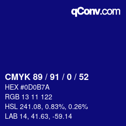Color code: CMYK 89 / 91 / 0 / 52 | qconv.com