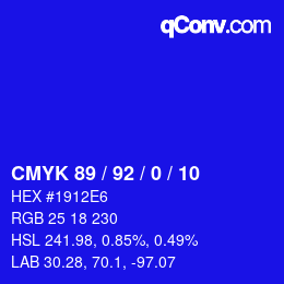 カラーコード: CMYK 89 / 92 / 0 / 10 | qconv.com