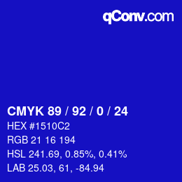 カラーコード: CMYK 89 / 92 / 0 / 24 | qconv.com