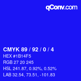 カラーコード: CMYK 89 / 92 / 0 / 4 | qconv.com