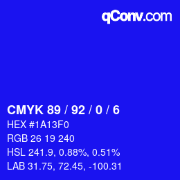 カラーコード: CMYK 89 / 92 / 0 / 6 | qconv.com