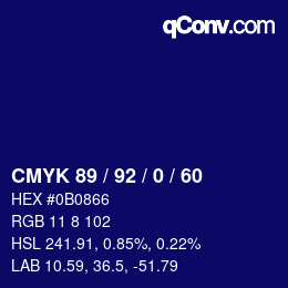 カラーコード: CMYK 89 / 92 / 0 / 60 | qconv.com