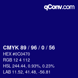 颜色代码: CMYK 89 / 96 / 0 / 56 | qconv.com