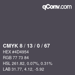 カラーコード: CMYK 8 / 13 / 0 / 67 | qconv.com