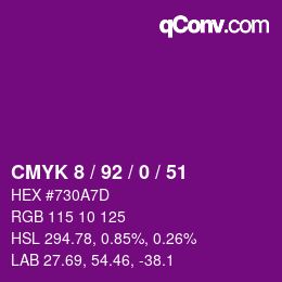 カラーコード: CMYK 8 / 92 / 0 / 51 | qconv.com