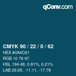 颜色代码: CMYK 90 / 22 / 0 / 62 | qconv.com