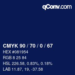Code couleur: CMYK 90 / 70 / 0 / 67 | qconv.com