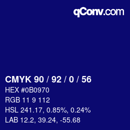 カラーコード: CMYK 90 / 92 / 0 / 56 | qconv.com