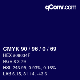 Code couleur: CMYK 90 / 96 / 0 / 69 | qconv.com