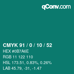 Color code: CMYK 91 / 0 / 10 / 52 | qconv.com