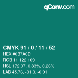 颜色代码: CMYK 91 / 0 / 11 / 52 | qconv.com