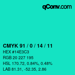カラーコード: CMYK 91 / 0 / 14 / 11 | qconv.com