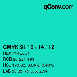 カラーコード: CMYK 91 / 0 / 14 / 12 | qconv.com