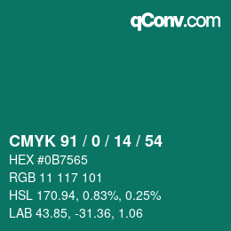颜色代码: CMYK 91 / 0 / 14 / 54 | qconv.com