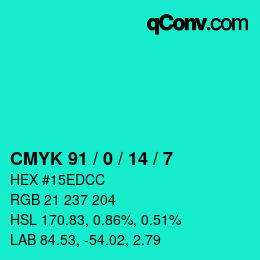 カラーコード: CMYK 91 / 0 / 14 / 7 | qconv.com