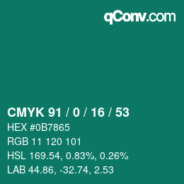 Farbcode: CMYK 91 / 0 / 16 / 53 | qconv.com