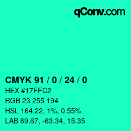 カラーコード: CMYK 91 / 0 / 24 / 0 | qconv.com
