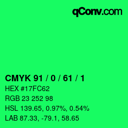 カラーコード: CMYK 91 / 0 / 61 / 1 | qconv.com