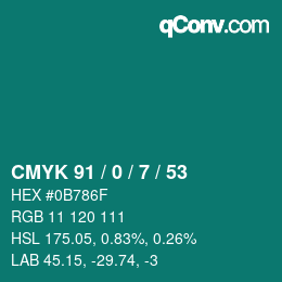 Color code: CMYK 91 / 0 / 7 / 53 | qconv.com