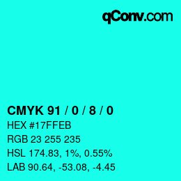カラーコード: CMYK 91 / 0 / 8 / 0 | qconv.com