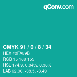 颜色代码: CMYK 91 / 0 / 8 / 34 | qconv.com