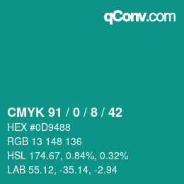 颜色代码: CMYK 91 / 0 / 8 / 42 | qconv.com