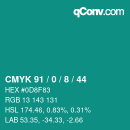 カラーコード: CMYK 91 / 0 / 8 / 44 | qconv.com
