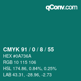 カラーコード: CMYK 91 / 0 / 8 / 55 | qconv.com