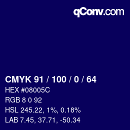 Color code: CMYK 91 / 100 / 0 / 64 | qconv.com