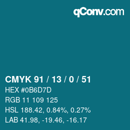 Color code: CMYK 91 / 13 / 0 / 51 | qconv.com