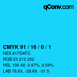 カラーコード: CMYK 91 / 16 / 0 / 1 | qconv.com