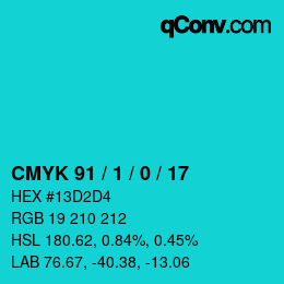 カラーコード: CMYK 91 / 1 / 0 / 17 | qconv.com