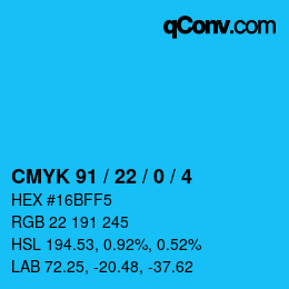 カラーコード: CMYK 91 / 22 / 0 / 4 | qconv.com