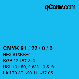 颜色代码: CMYK 91 / 22 / 0 / 6 | qconv.com
