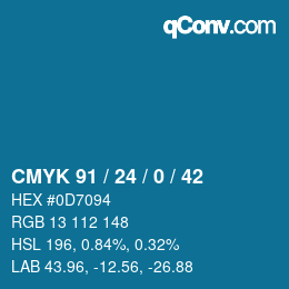 カラーコード: CMYK 91 / 24 / 0 / 42 | qconv.com