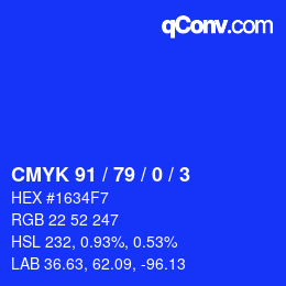 カラーコード: CMYK 91 / 79 / 0 / 3 | qconv.com