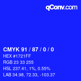 カラーコード: CMYK 91 / 87 / 0 / 0 | qconv.com