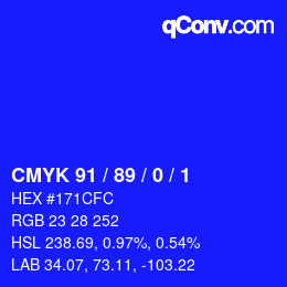 カラーコード: CMYK 91 / 89 / 0 / 1 | qconv.com