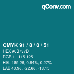 颜色代码: CMYK 91 / 8 / 0 / 51 | qconv.com