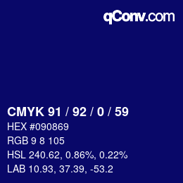 颜色代码: CMYK 91 / 92 / 0 / 59 | qconv.com