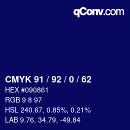 カラーコード: CMYK 91 / 92 / 0 / 62 | qconv.com
