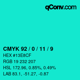 カラーコード: CMYK 92 / 0 / 11 / 9 | qconv.com