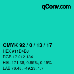 颜色代码: CMYK 92 / 0 / 13 / 17 | qconv.com
