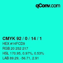 カラーコード: CMYK 92 / 0 / 14 / 1 | qconv.com